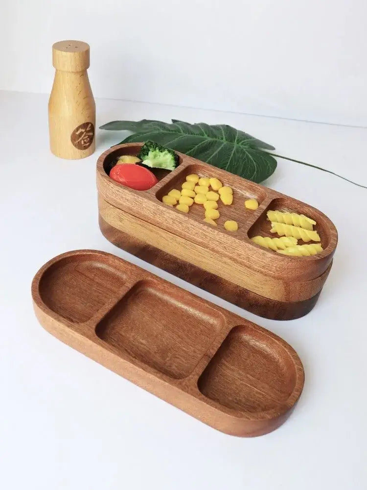 DecorBites™ Acacia Wood Oval Three-Compartment Japanese Dip Plate | Breakfast Dip Plate