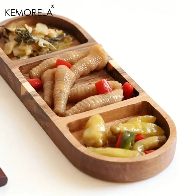 DecorBites™ Acacia Wood Oval Three-Compartment Japanese Dip Plate | Breakfast Dip Plate
