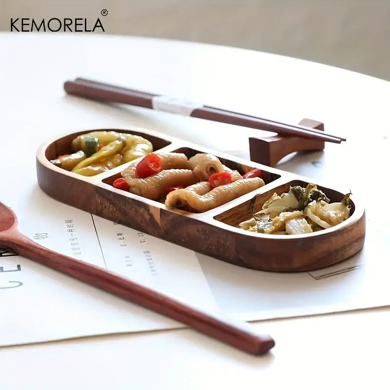 DecorBites™ Acacia Wood Oval Three-Compartment Japanese Dip Plate | Breakfast Dip Plate