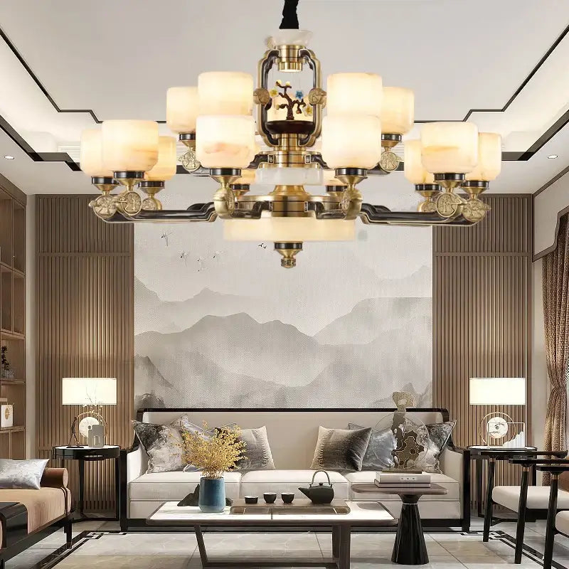 DecorBites™ All Copper Jade Chandelier for Living Room, Villa Duplex Multi-storey Lighting