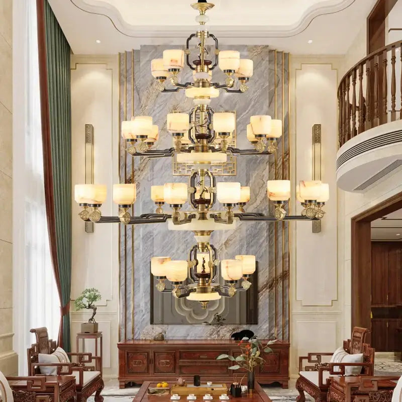 DecorBites™ All Copper Jade Chandelier for Living Room, Villa Duplex Multi-storey Lighting