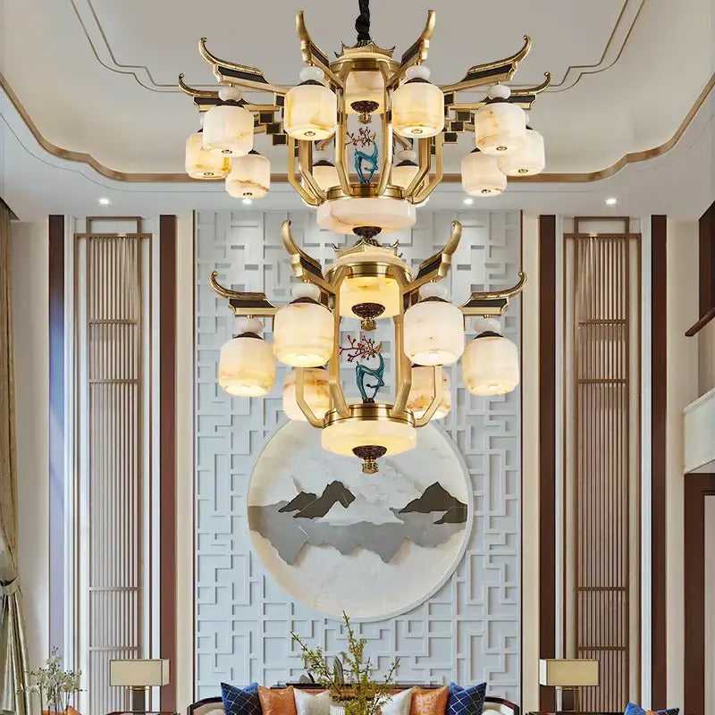 DecorBites™ All Copper Jade Chandelier for Villa Living Room, Dining Room - Chinese Style Duplex Copper Lamp