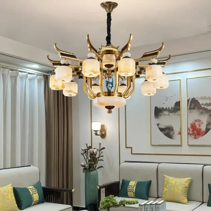 DecorBites™ All Copper Jade Chandelier for Villa Living Room, Dining Room - Chinese Style Duplex Copper Lamp