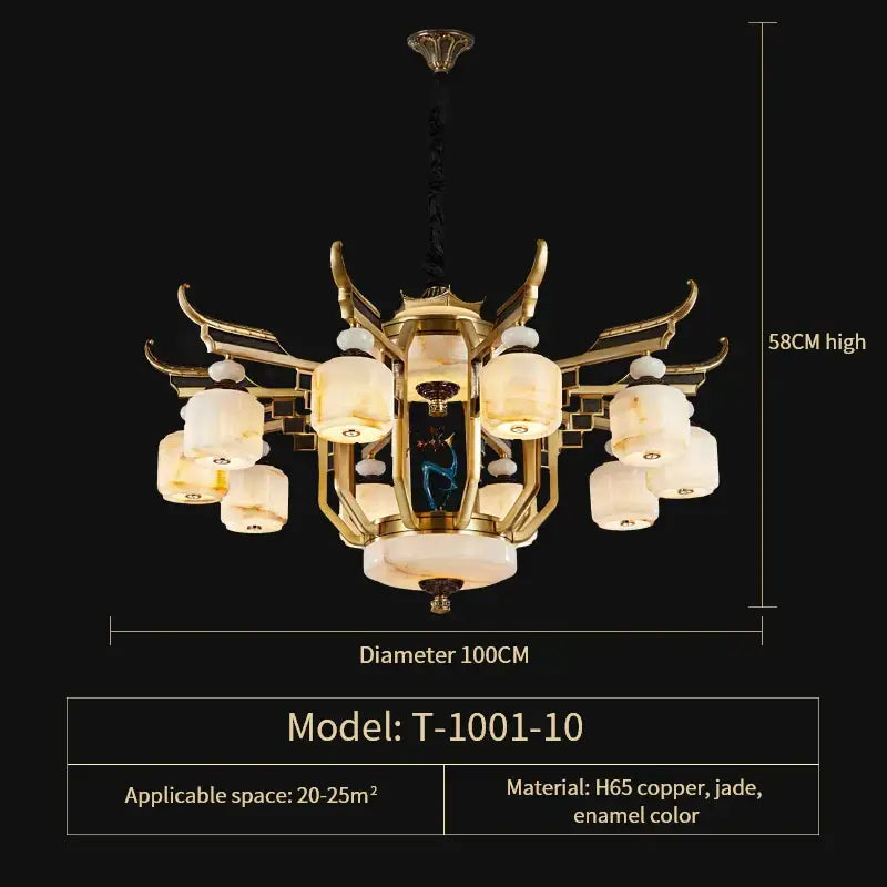 DecorBites™ All Copper Jade Chandelier for Villa Living Room, Dining Room - Chinese Style Duplex Copper Lamp