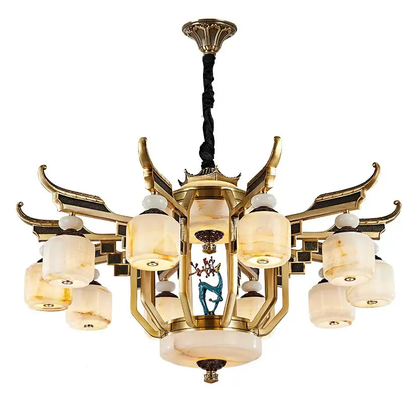 DecorBites™ All Copper Jade Chandelier for Villa Living Room, Dining Room - Chinese Style Duplex Copper Lamp