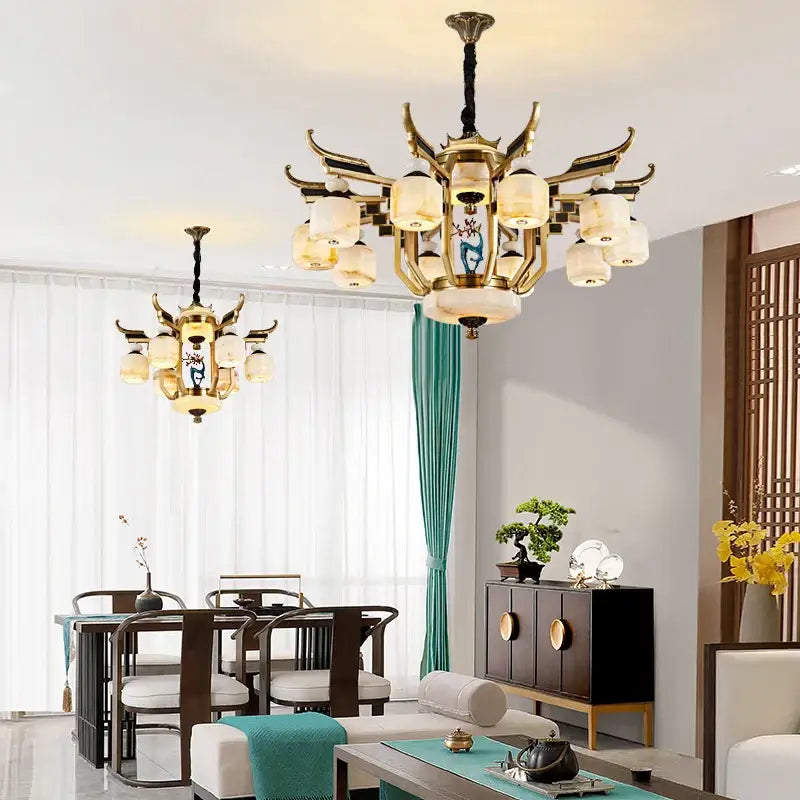 DecorBites™ All Copper Jade Chandelier for Villa Living Room, Dining Room - Chinese Style Duplex Copper Lamp