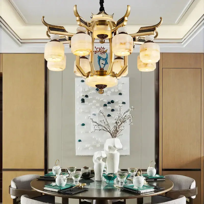 DecorBites™ All Copper Jade Chandelier for Villa Living Room, Dining Room - Chinese Style Duplex Copper Lamp