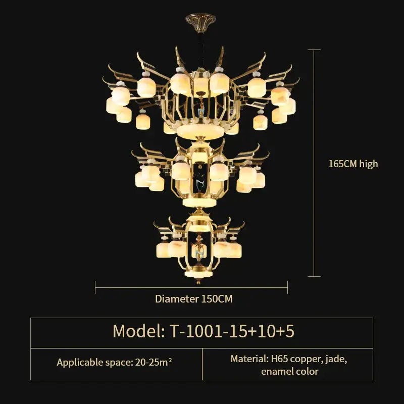 DecorBites™ All Copper Jade Chandelier for Villa Living Room, Dining Room - Chinese Style Duplex Copper Lamp