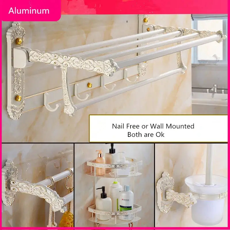 DecorBites™ Aluminum Bath Hardware Set: Shelf, Towel Rack, Paper Holder, Brush Holder, Hooks