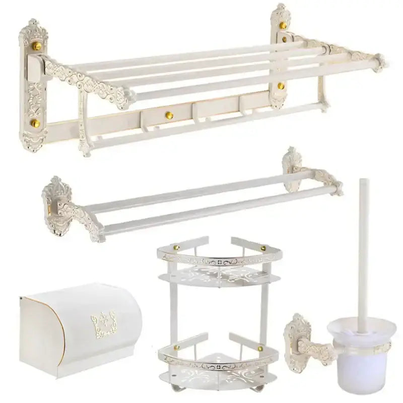 DecorBites™ Aluminum Bath Hardware Set: Shelf, Towel Rack, Paper Holder, Brush Holder, Hooks