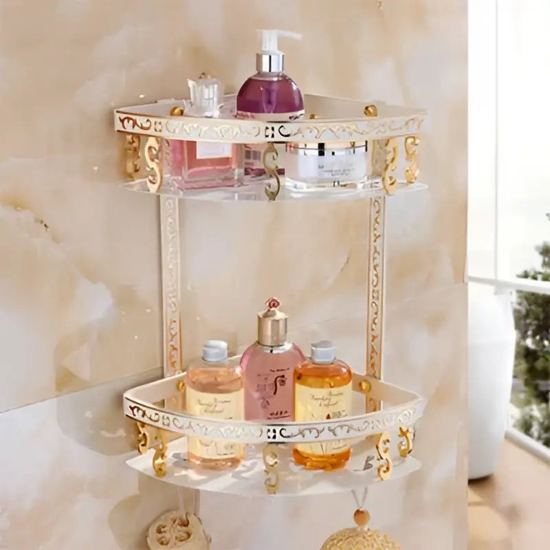 DecorBites™ Aluminum Bathroom Corner Shelf - 40cm Length, Antique Finish, Shower Room Basket
