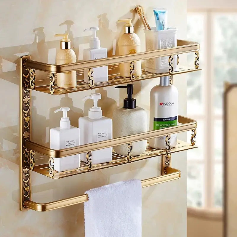 DecorBites™ Aluminum Bathroom Corner Shelf - 40cm Length, Antique Finish, Shower Room Basket