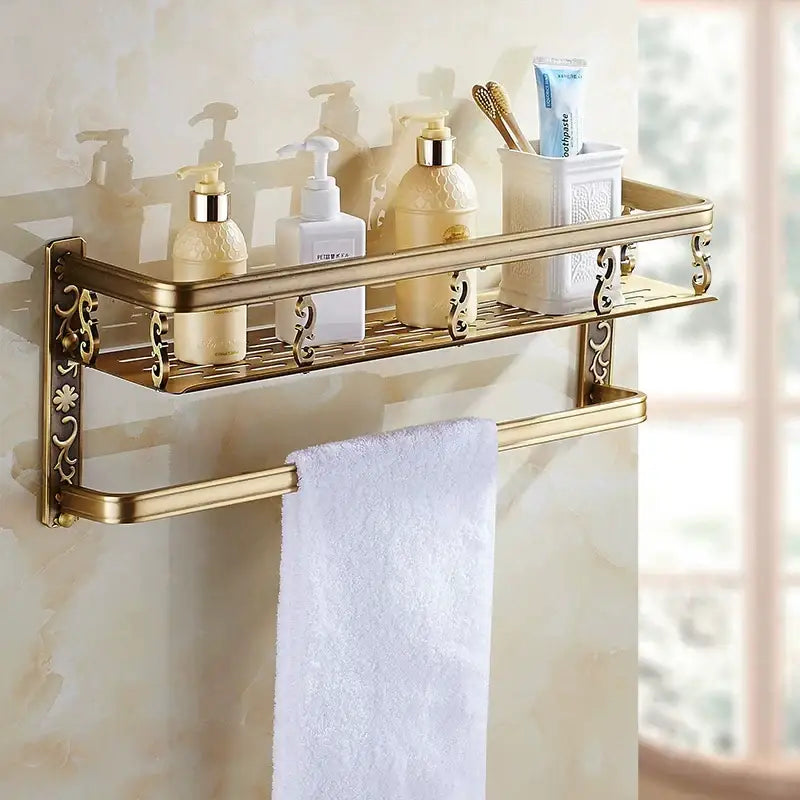 DecorBites™ Aluminum Bathroom Corner Shelf - 40cm Length, Antique Finish, Shower Room Basket