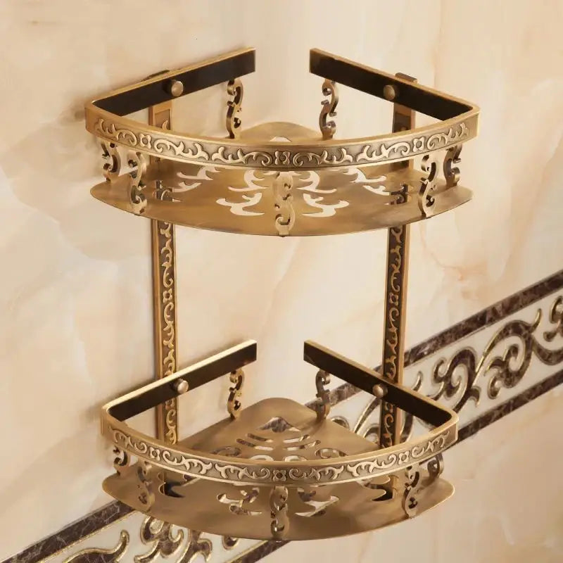 DecorBites™ Aluminum Bathroom Corner Shelf - 40cm Length, Antique Finish, Shower Room Basket