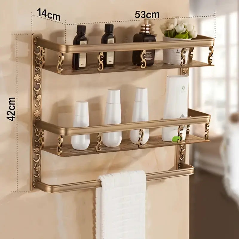 DecorBites™ Aluminum Bathroom Corner Shelf - 40cm Length, Antique Finish, Shower Room Basket