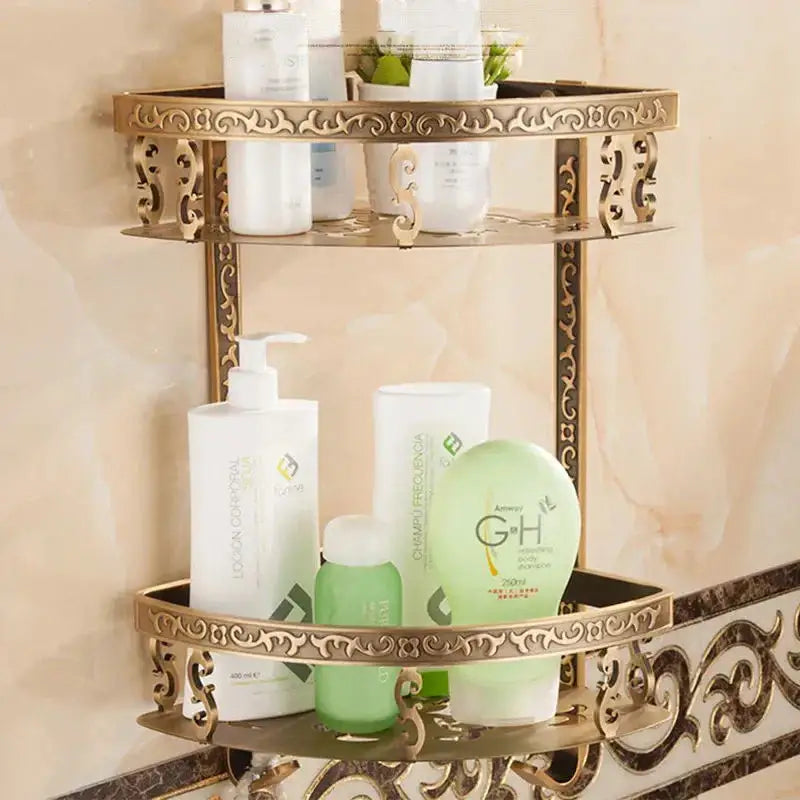 DecorBites™ Aluminum Bathroom Corner Shelf - 40cm Length, Antique Finish, Shower Room Basket
