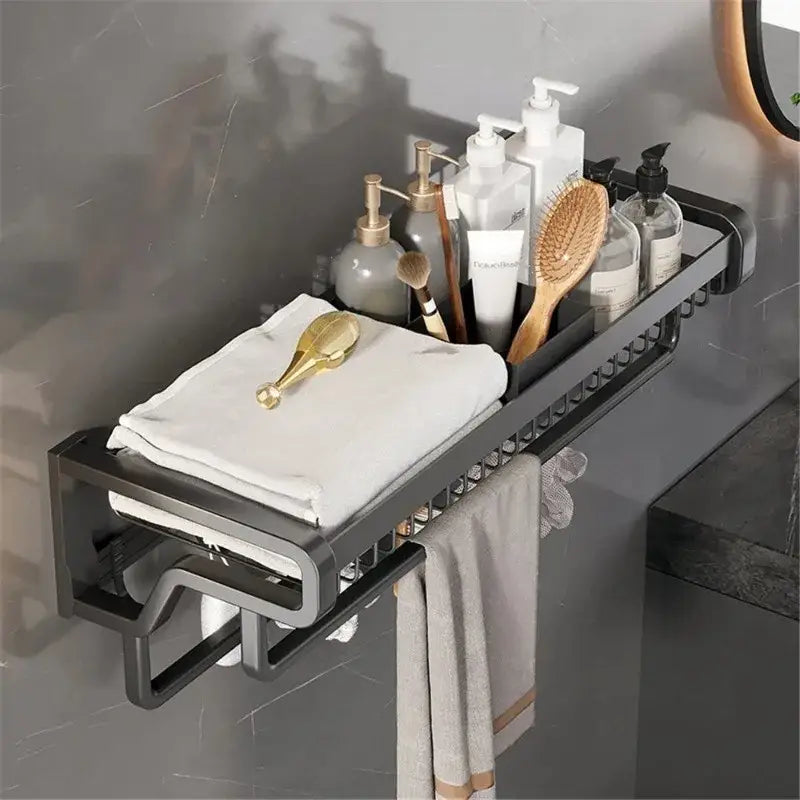 DecorBites™ Aluminum Bathroom Towel Holder with Hook and Storage Basket