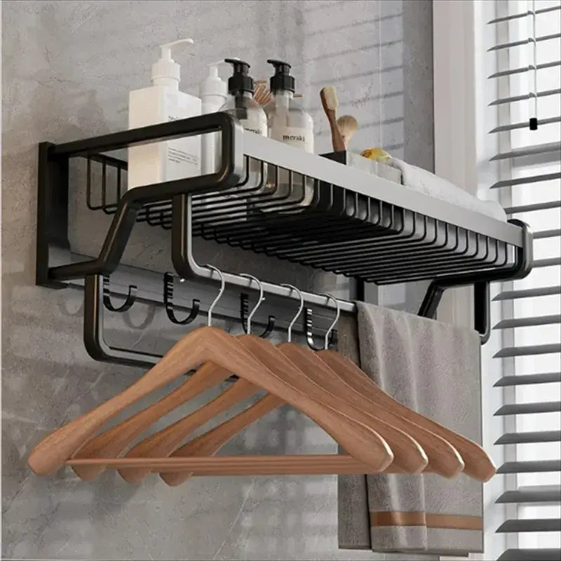 DecorBites™ Aluminum Bathroom Towel Holder with Hook and Storage Basket