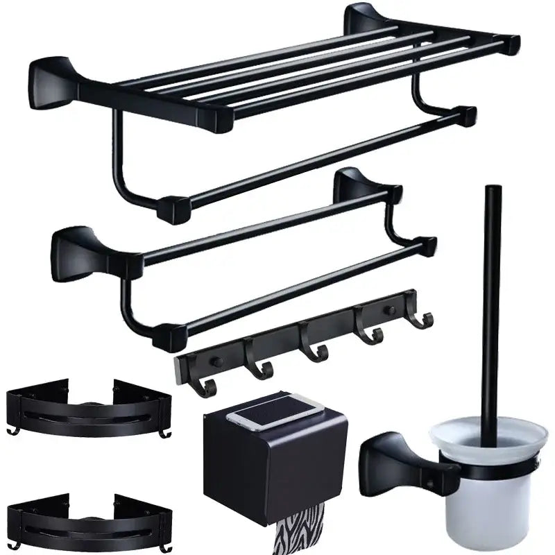 DecorBites™ Aluminum Black Bathroom Hardware Set: Towel Holder, Paper Holder, Corner Shelf, Towel Rack, Toilet Brush Holder