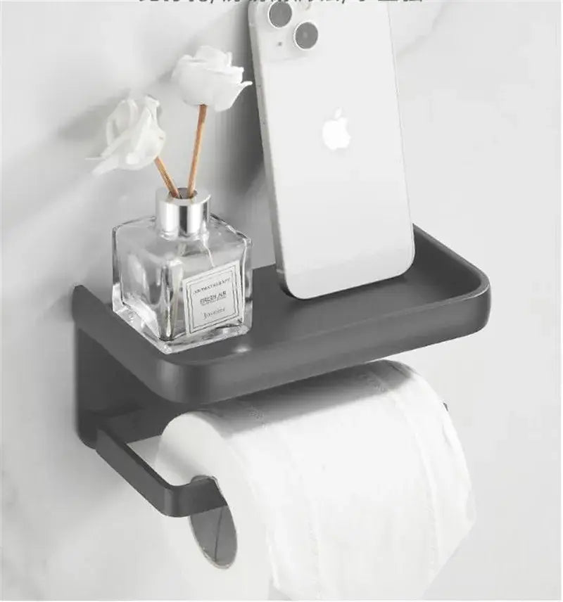 DecorBites™ Aluminum Black Tissue Holder with Phone Shelf - Toilet Paper Rack