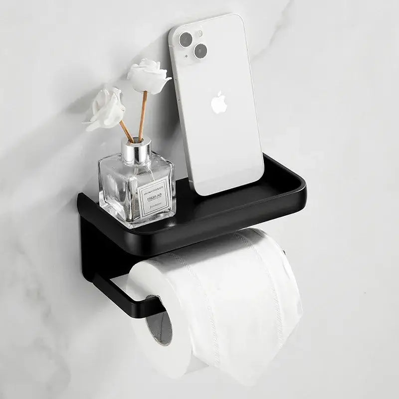 DecorBites™ Aluminum Black Tissue Holder with Phone Shelf - Toilet Paper Rack