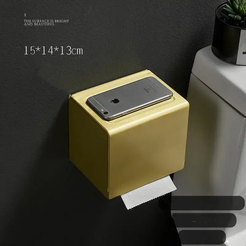DecorBites™ Aluminum Brushed Gold Toilet Paper Holder Rack Tissue Box - Bathroom Roll Storage