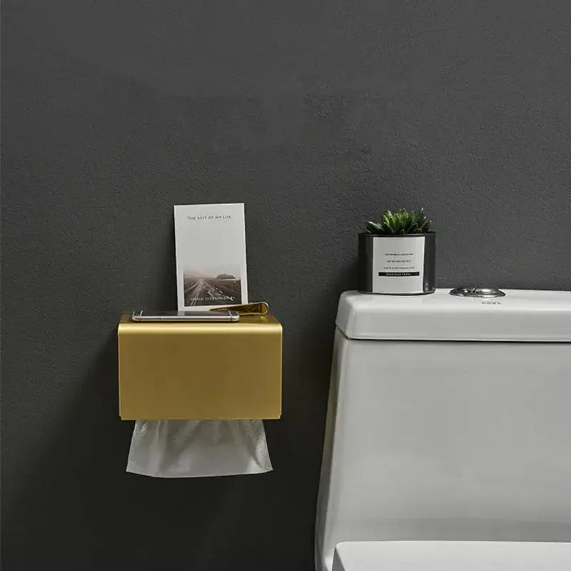 DecorBites™ Aluminum Brushed Gold Toilet Paper Holder Rack Tissue Box - Bathroom Roll Storage