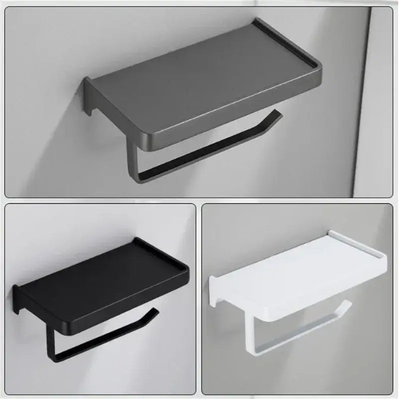 DecorBites™ Aluminum Gray Bathroom Paper Roll Holder with Phone Shelf, Tissue Box Rack