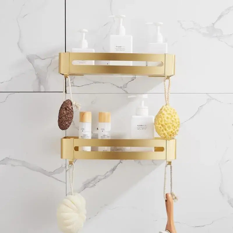 DecorBites™ رف دش ألومنيوم ذهبي مصقول يثبت على الحائط رف زاوية للحمام