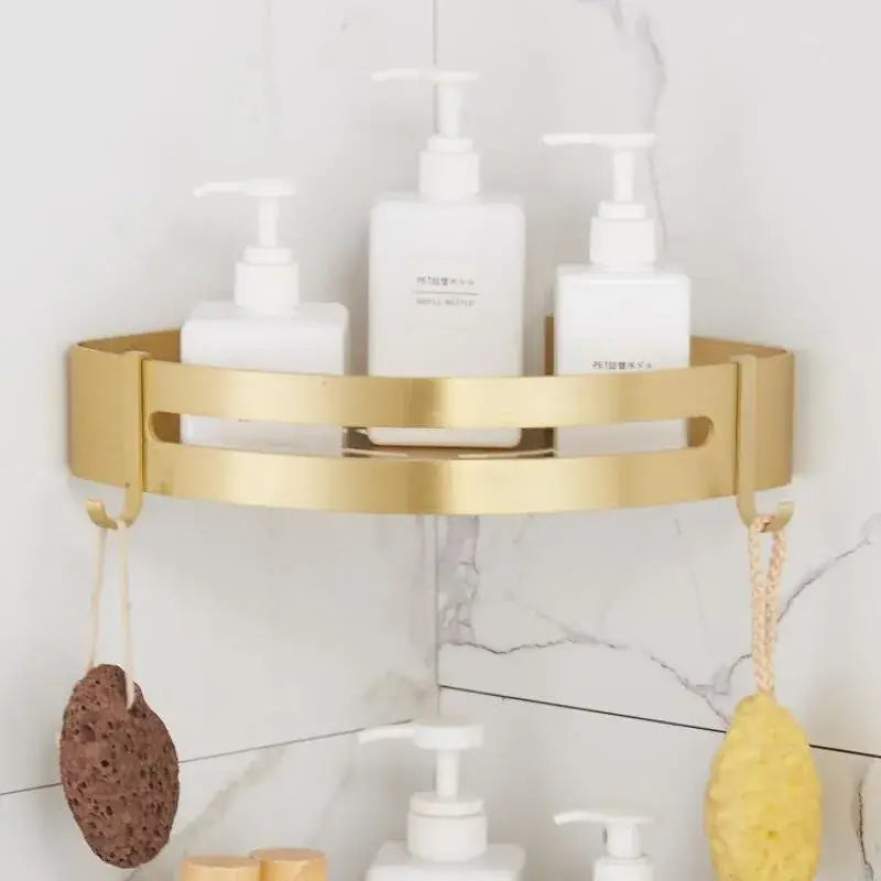 DecorBites™ رف دش ألومنيوم ذهبي مصقول يثبت على الحائط رف زاوية للحمام