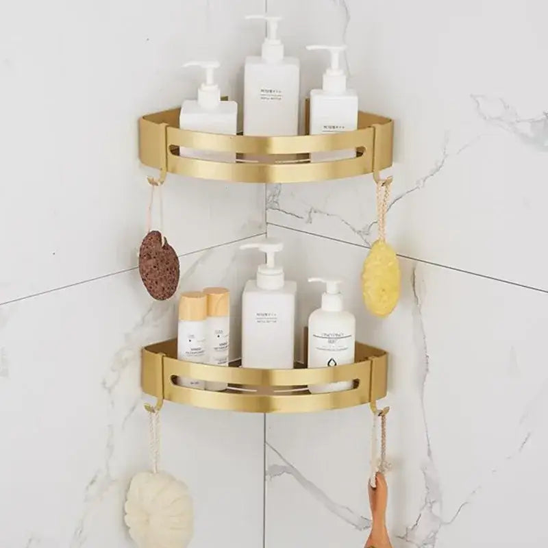 DecorBites™ رف دش ألومنيوم ذهبي مصقول يثبت على الحائط رف زاوية للحمام