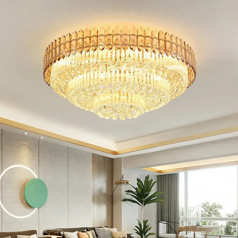 DecorBites™ Amber Crystal Round Chandelier: Nordic Large Multiple Tier Ceiling Light for Living Room