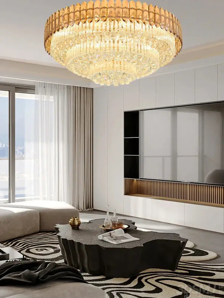 DecorBites™ Amber Crystal Round Chandelier: Nordic Large Multiple Tier Ceiling Light for Living Room