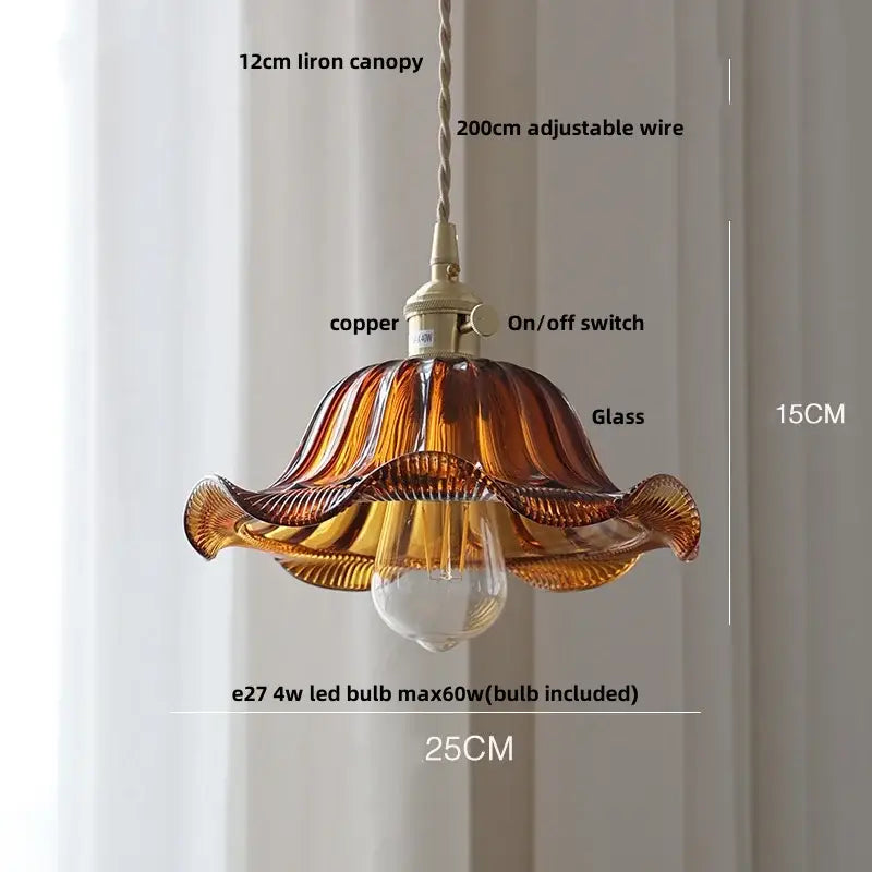 DecorBites™ Amber Flower Glass LED Pendant Light - Modern Nordic Copper Switch Hang Lamp