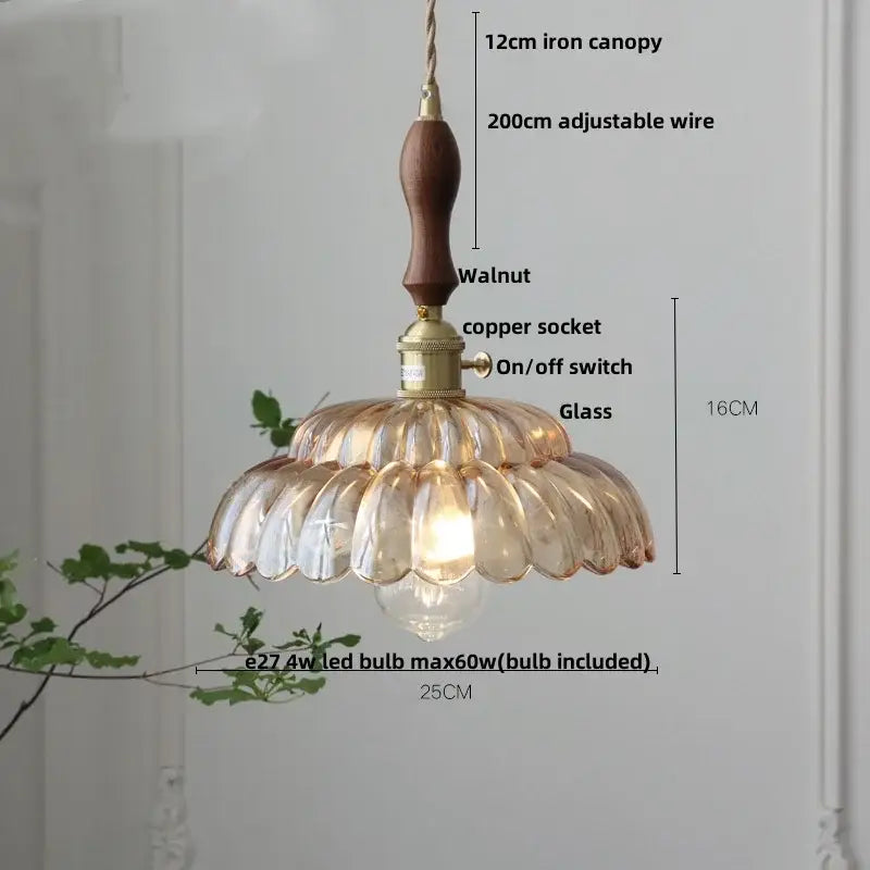 DecorBites™ Amber Flower Glass LED Pendant Light - Modern Nordic Copper Switch Hang Lamp