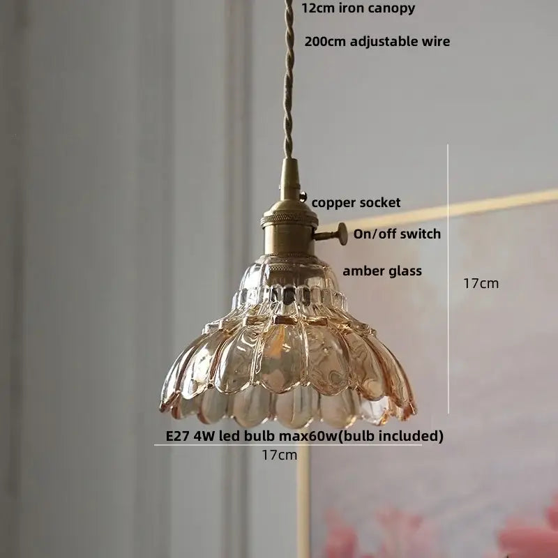 DecorBites™ Amber Flower Glass LED Pendant Light - Modern Nordic Copper Switch Hang Lamp