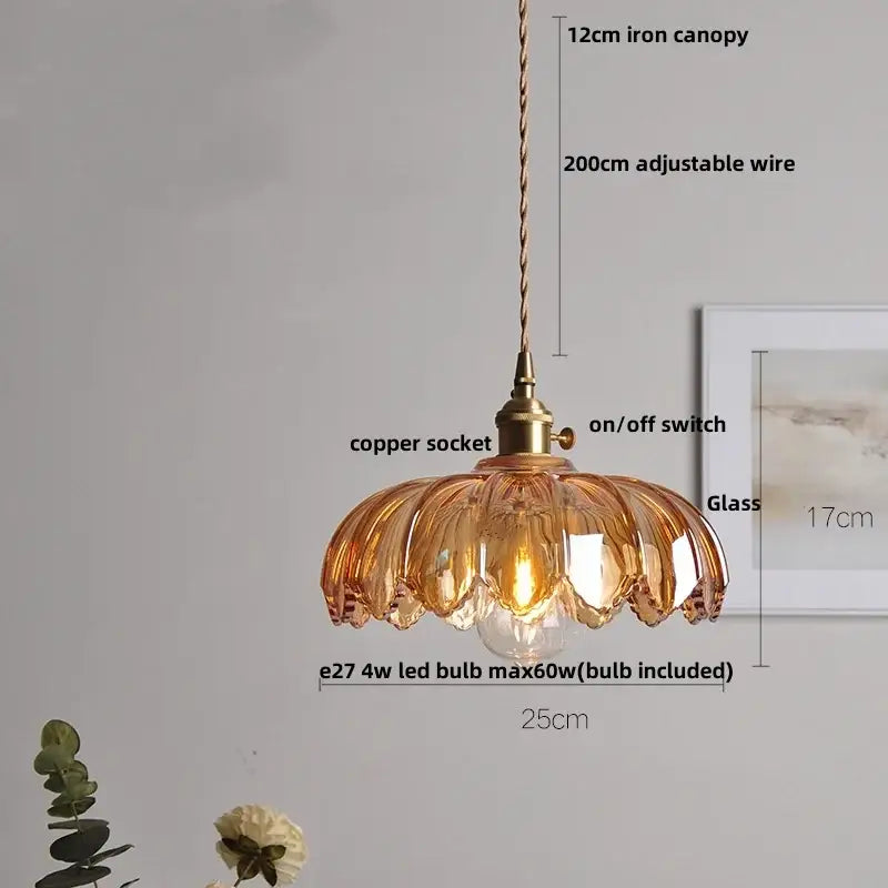 DecorBites™ Amber Flower Glass LED Pendant Light - Modern Nordic Copper Switch Hang Lamp