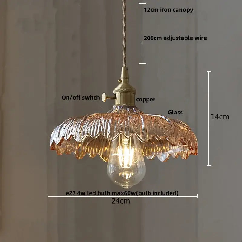 DecorBites™ Amber Flower Glass LED Pendant Light - Modern Nordic Copper Switch Hang Lamp