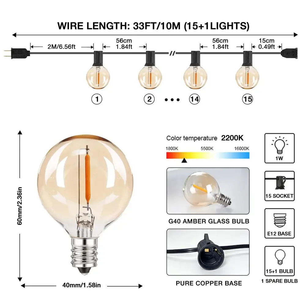 DecorBites™ Amber Glass Bulb Dimmable LED String Lights Connectable for Party Wedding Decor