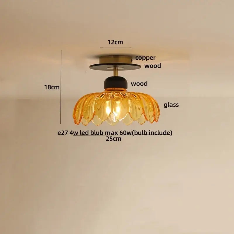 DecorBites™ Amber Glass Ceiling Lamp Wood Nordic Modern Bedroom Bathroom Light