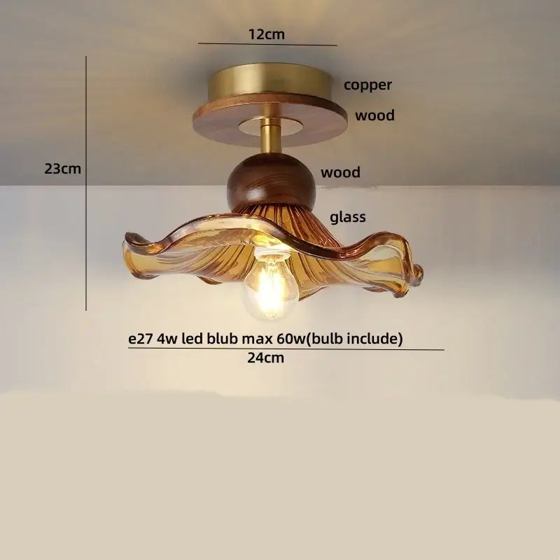 DecorBites™ Amber Glass Ceiling Lamp Wood Nordic Modern Bedroom Bathroom Light
