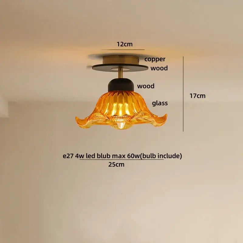 DecorBites™ Amber Glass Ceiling Lamp Wood Nordic Modern Bedroom Bathroom Light