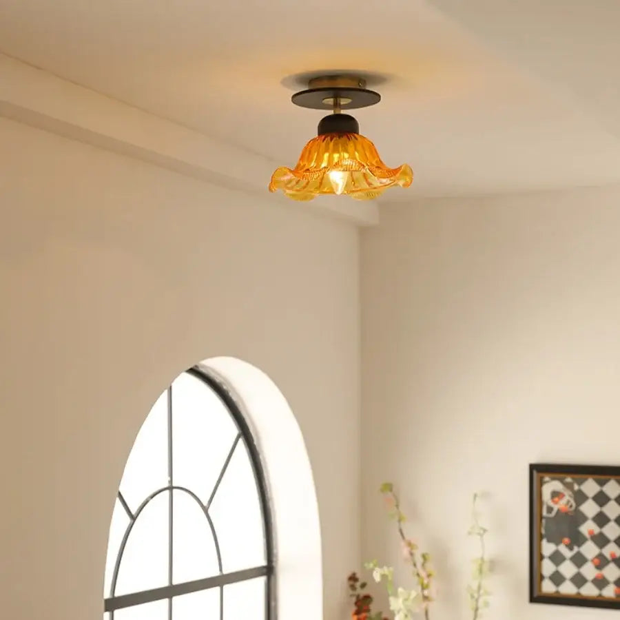 DecorBites™ Amber Glass Ceiling Lamp Wood Nordic Modern Bedroom Bathroom Light
