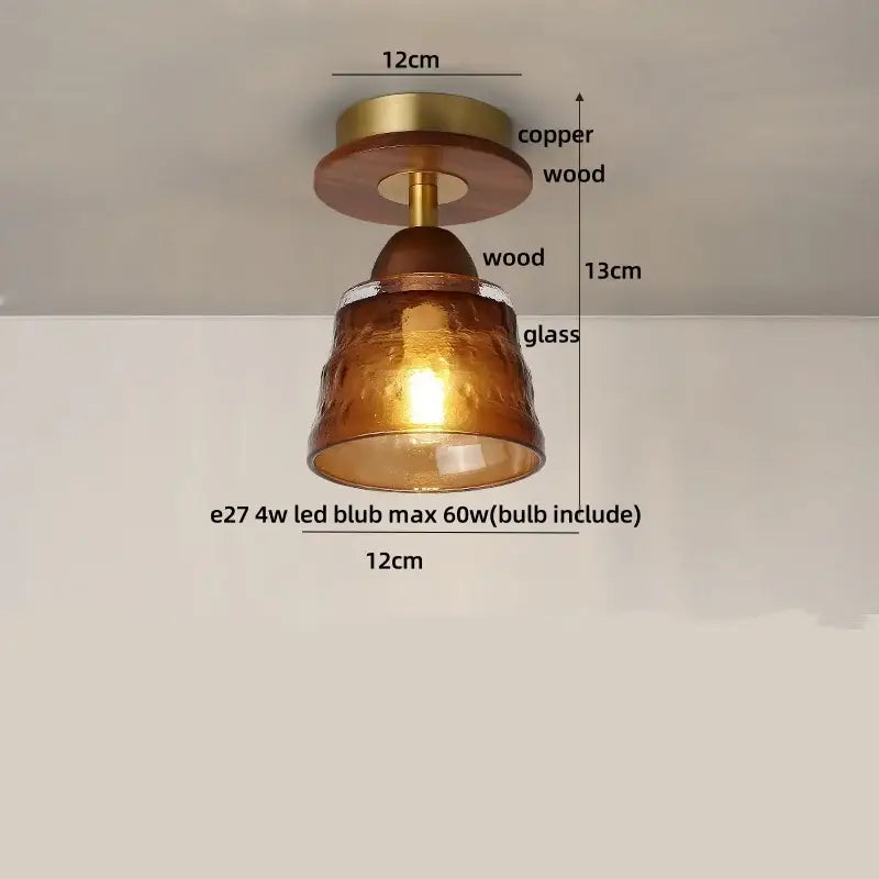 DecorBites™ Amber Glass Ceiling Lamp Wood Nordic Modern Bedroom Bathroom Light