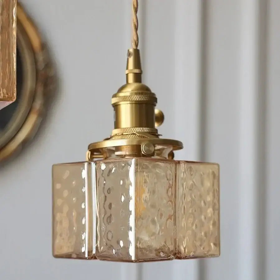 DecorBites™ Amber Glass Cube LED Pendant Lights, Japanese Style for Kitchen, Bedroom, Coffee.