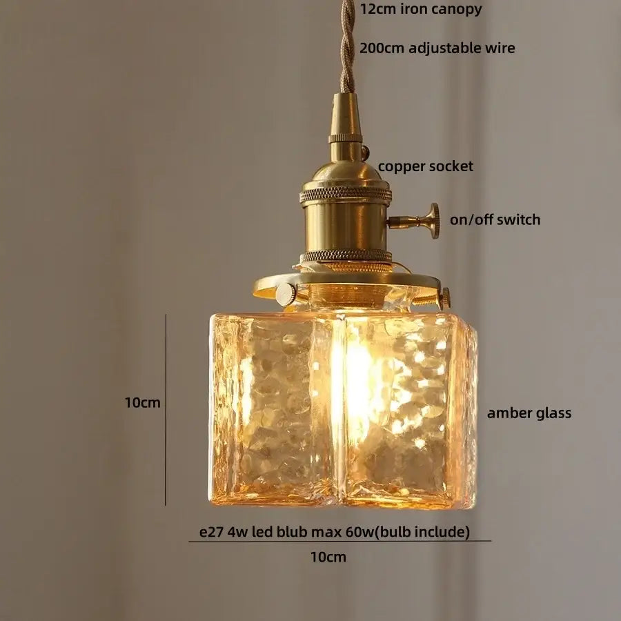 DecorBites™ Amber Glass Cube LED Pendant Lights, Japanese Style for Kitchen, Bedroom, Coffee.