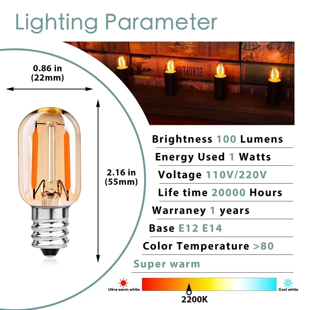 DecorBites™ Amber Glass مصباح LED خافت قابل للتعتيم E12 E14 Base T22G 1W 2200K