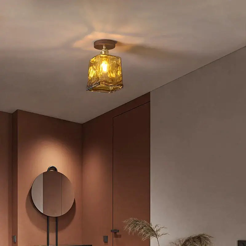 DecorBites™ Amber Glass LED Ceiling Light: Modern Aluminum Wood Kitchen Balcony Room Lamp