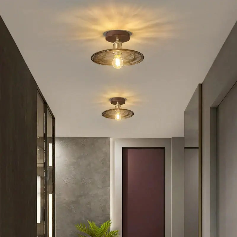 DecorBites™ Amber Glass LED Ceiling Light: Modern Aluminum Wood Kitchen Balcony Room Lamp