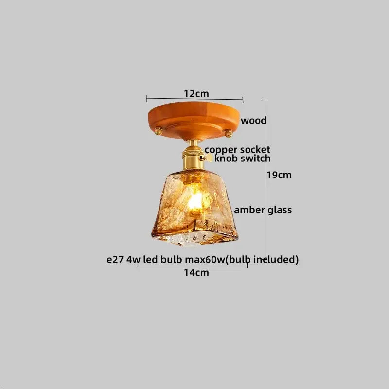 DecorBites™ Amber Glass LED Ceiling Light: Modern Aluminum Wood Kitchen Balcony Room Lamp